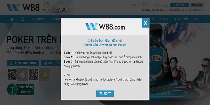 Tham gia trải nghiệm chơi W88 Poker trên app và website tiện lợi chỉ với vài bước